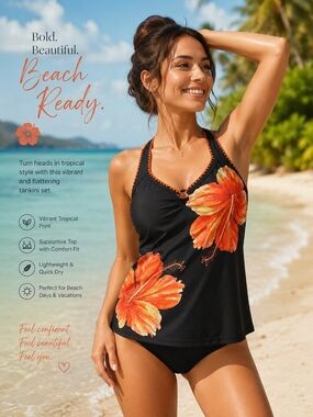 Women’s Black Tankini with Hybiscus Tropical Floral Print